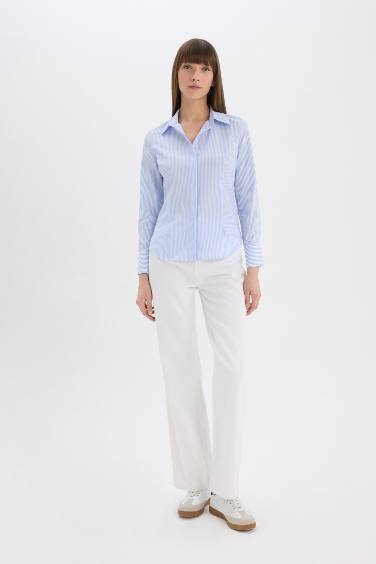 Fitted Basic Düz Poplin Uzun Kollu Gömlek