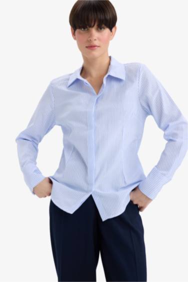 Fitted Çizgili Poplin Uzun Kollu Gömlek