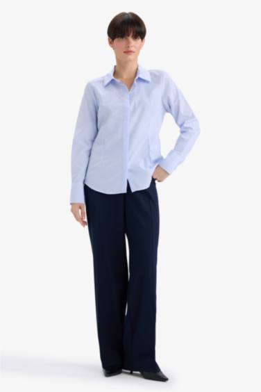 Fitted Çizgili Poplin Uzun Kollu Gömlek