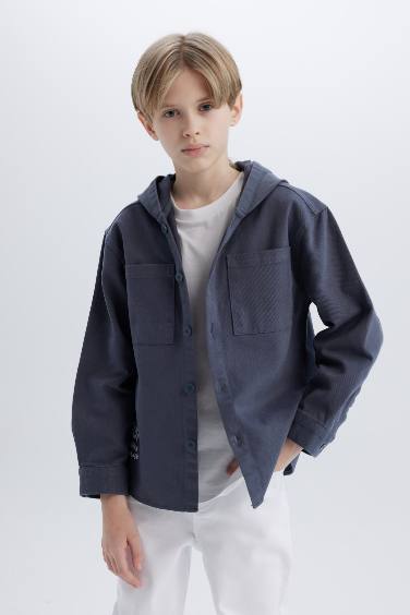 Boy Oversize Fit Hooded Gabardine Long Sleeve Shirt