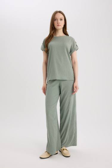 T-shirt froissé à col rond Coupe régulière