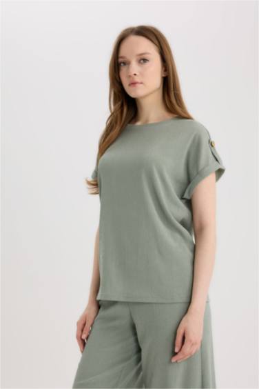 T-shirt froissé à col rond Coupe régulière