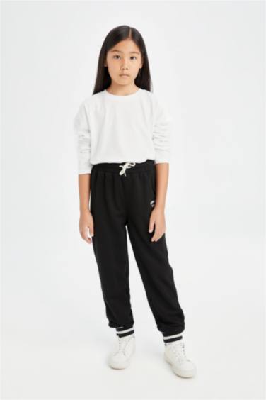 Kız Çocuk Siyah Beli Paçası Lastikli Baskılı Jogger Eşofman Altı