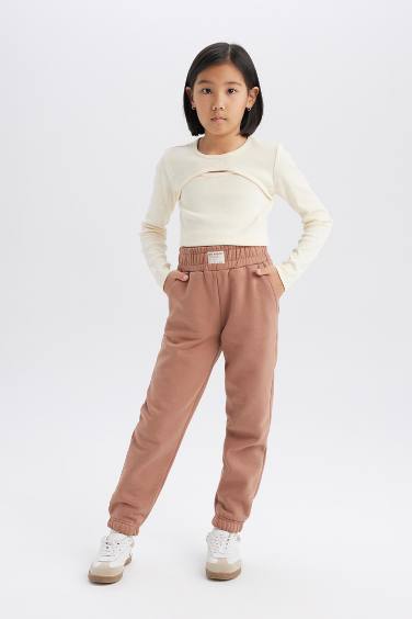 بنطلون سويت بانتس بناتي جوجر بأستك من تحت بني فاتح