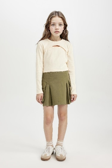 Girl Pleated Detailed Gabardine Skirt