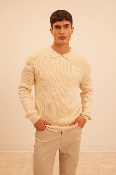 Standard Fit Polo Collar Basic Knitted Pullover