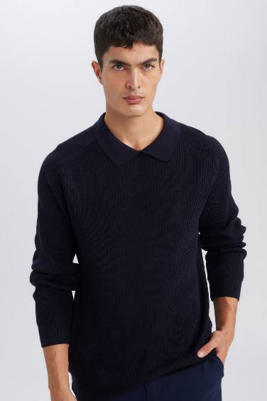 Standard Fit Polo Collar Basic Knitted Pullover