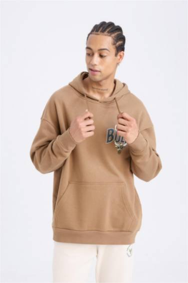 DeFactoFit NBA Chicago Bulls Oversize Geniş Kalıp Kapüşonlu Sırt Baskılı Kalın Sweatshirt