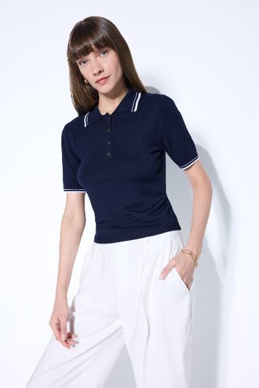 Regular Fit Polo Yaka Düğmeli Basic Düz Kısa Kollu Triko Kazak