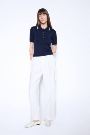 Regular Fit Polo Yaka Düğmeli Basic Düz Kısa Kollu Triko Kazak