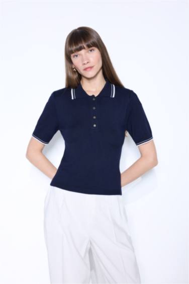 Regular Fit Polo Yaka Düğmeli Basic Düz Kısa Kollu Triko Kazak