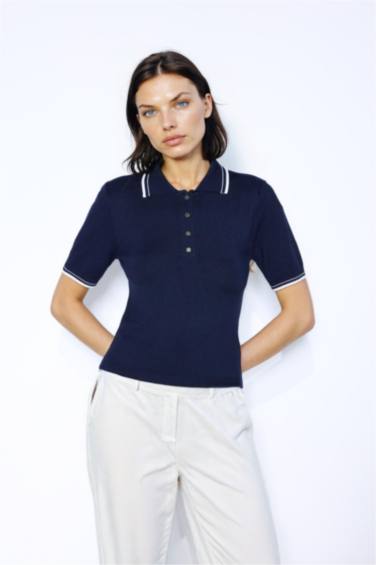 Regular Fit Polo Yaka Düğmeli Basic Düz Kısa Kollu Triko Kazak
