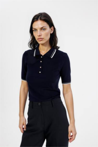 Regular Fit Polo Yaka Düğmeli Basic Düz Kısa Kollu Triko Kazak