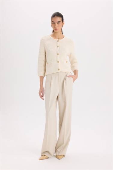 Regular Fit Bisiklet Yaka Dokulu Düğmeli Triko Hırka