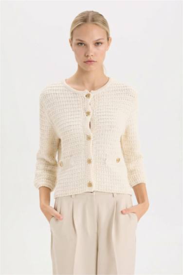 Regular Fit Bisiklet Yaka Dokulu Düğmeli Triko Hırka