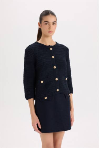 Regular Fit Bisiklet Yaka Dokulu Düğmeli Triko Hırka