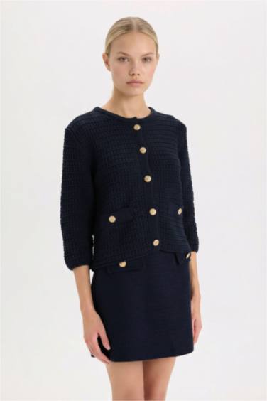 Regular Fit Bisiklet Yaka Dokulu Düğmeli Triko Hırka