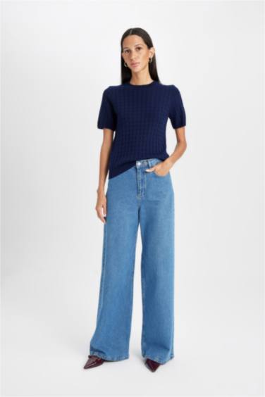 Regular Fit Bisiklet Yaka Saç Örgülü Kısa Kollu Triko Kazak