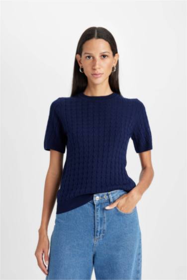 Regular Fit Bisiklet Yaka Saç Örgülü Kısa Kollu Triko Kazak