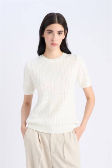 بلوفر تريكو قصة عادية برقبة مستديرة