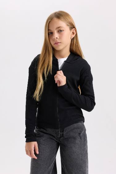 Girl Hooded Ribbed Zippered Black Cardigan