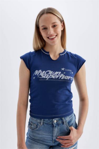 Fitted Bisiklet Yaka Baskılı Kısa Kollu Tişört