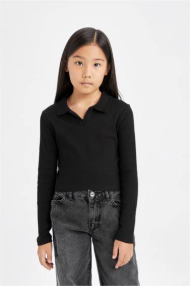 Kız Çocuk Cropped Fit Polo Yaka Basic Düz Fitilli Kaşkorse Uzun Kollu Tişört