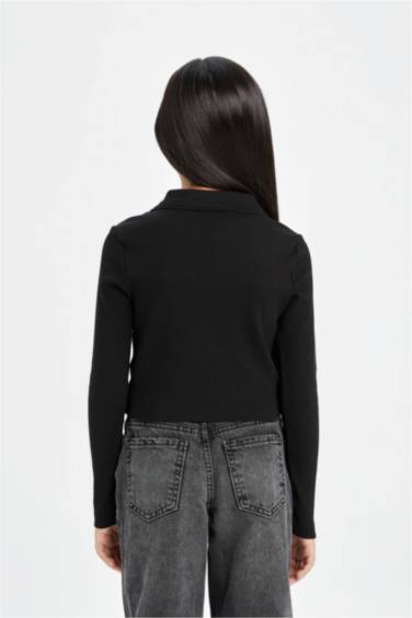 Kız Çocuk Cropped Fit Polo Yaka Basic Düz Fitilli Kaşkorse Uzun Kollu Tişört
