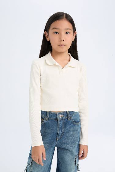 Girl Polo Neck Basic Ribbed Camisole Long Sleeve Crop T-Shirt