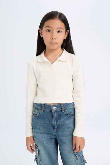 Girl Polo Neck Basic Ribbed Camisole Long Sleeve Crop T-Shirt