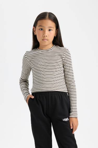 Girl Polo Neck Striped Ribbed Long Sleeve Crop T-Shirt