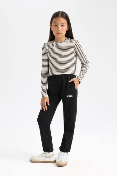 Kız Çocuk Cropped Fit Polo Yaka Çizgili Fitilli Kaşkorse Uzun Kollu Tişört