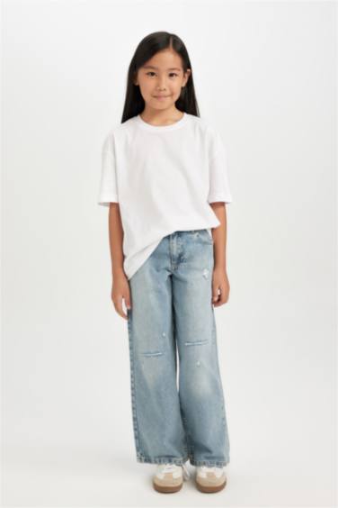 Kız Çocuk Wide Leg Jean Pantolon Yırtık Detaylı Cepli Geniş Bol Paça