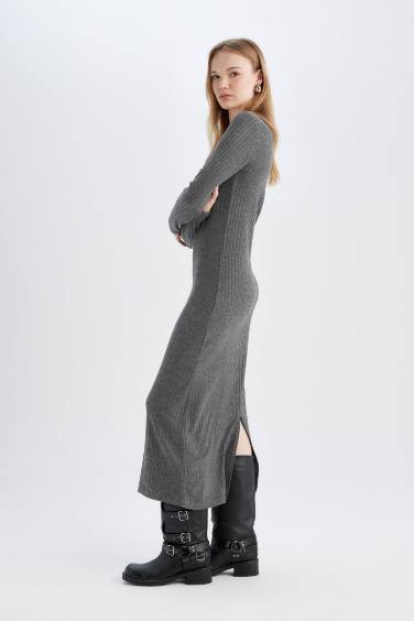 Bodycon Vücudu Saran Bisiklet Yaka Basic Düz Kaşkorse Uzun Kollu Maxi Elbise