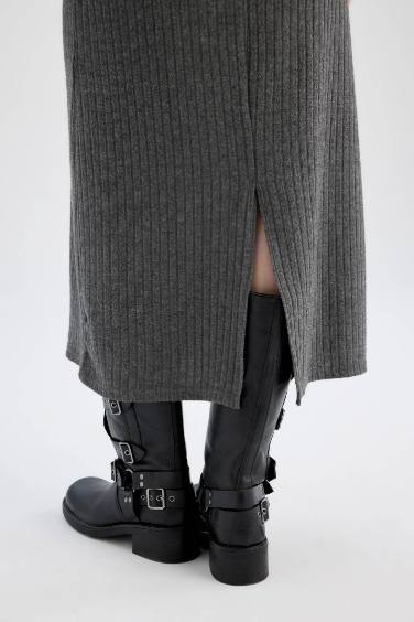 Bodycon Vücudu Saran Bisiklet Yaka Basic Düz Kaşkorse Uzun Kollu Maxi Elbise