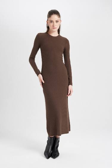 Bodycon Vücudu Saran Bisiklet Yaka Basic Düz Kaşkorse Uzun Kollu Maxi Elbise