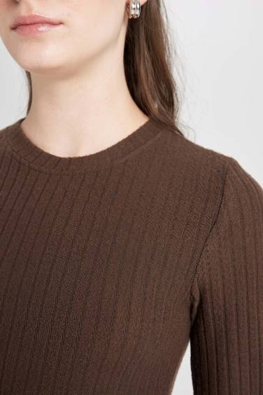 Bodycon Vücudu Saran Bisiklet Yaka Basic Düz Kaşkorse Uzun Kollu Maxi Elbise