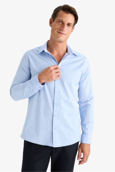 Modern Fit Modern Kesim Poplin Düz Pamuk Karışımlı Uzun Kollu Gömlek