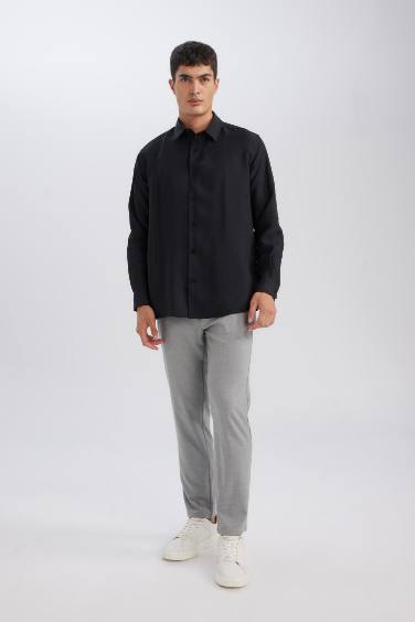 Siyah Relax Fit Polo Yaka Twill Modal Karışımlı Basic Düz Uzun Kollu Gömlek