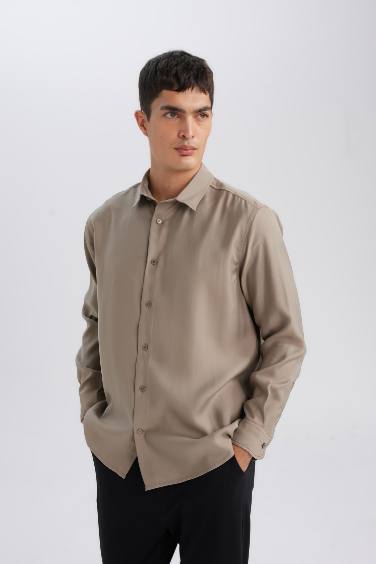 Relax Fit Polo Yaka Twill Modal Karışımlı Basic Düz Uzun Kollu Gömlek