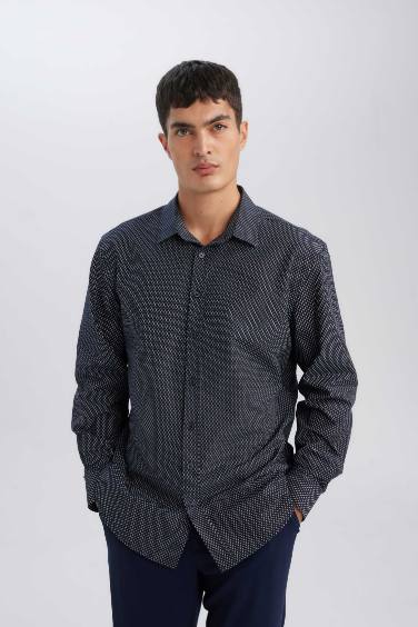 Erkek Lacivert Modern Fit Modern Kesim Poplin Polo Yaka Desenli Pamuk Karışımlı Uzun Kollu Gömlek