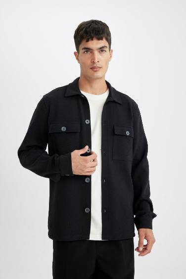 Siyah  Polo Yaka Twill Uzun Kollu Gömlek Ceket