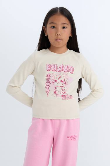 Kız Çocuk Cropped Fit Bisiklet Yaka Baskılı Fitilli Kaşkorse Uzun Kollu Tişört