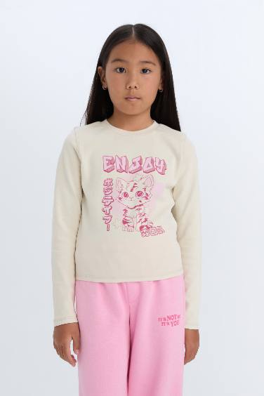 Kız Çocuk Cropped Fit Bisiklet Yaka Baskılı Fitilli Kaşkorse Uzun Kollu Tişört