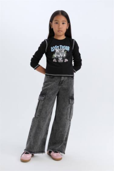 Kız Çocuk Cropped Fit Bisiklet Yaka Baskılı Fitilli Kaşkorse Uzun Kollu Tişört