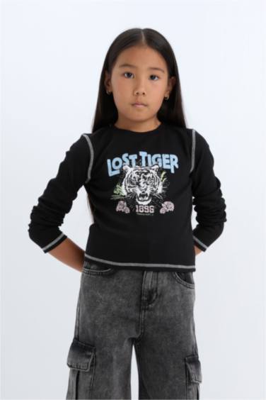 Kız Çocuk Cropped Fit Bisiklet Yaka Baskılı Fitilli Kaşkorse Uzun Kollu Tişört