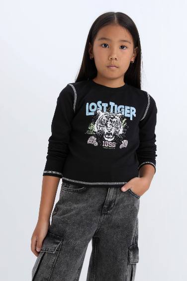 Kız Çocuk Cropped Fit Bisiklet Yaka Baskılı Fitilli Kaşkorse Uzun Kollu Tişört