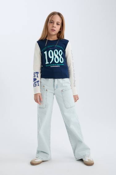 Kız Çocuk Cropped Fit Bisiklet Yaka Baskılı Fitilli Kaşkorse Uzun Kollu Tişört