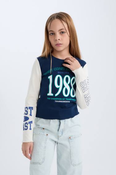 Kız Çocuk Cropped Fit Bisiklet Yaka Baskılı Fitilli Kaşkorse Uzun Kollu Tişört