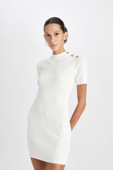 Fitted Half Turtleneck Basic Ribbed White Mini Dress